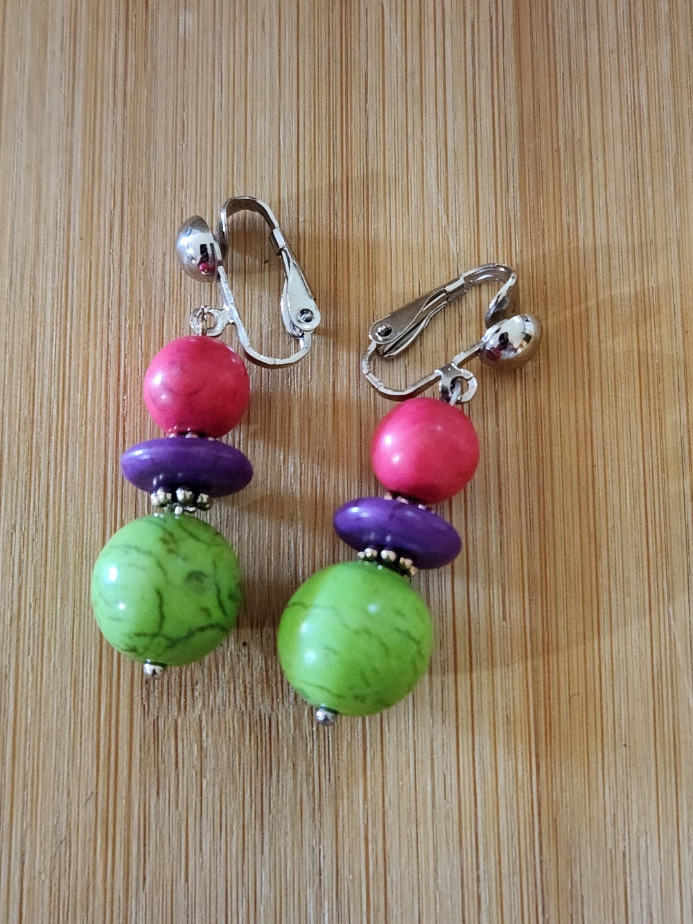 Hand Crafted Clip On Earrings Pink Purple Green